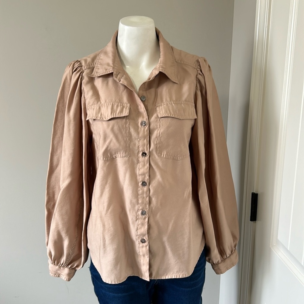 Current Air Sand Long Sleeve Button Front Puff Sleeve Top Shirt Blouse Top Sz S